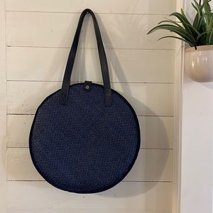 Peter Millar Large Navy Round Woven Tote with Colorful Liner